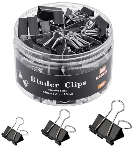 NEEWAY 100 Count Binder Clips Assorted Sizes, Paper Binder Clips (0.6inch 0.75inch 1inch), Metal Paper Clamps for Office and Home, Black
