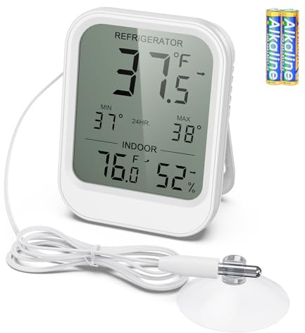AMIR Digital Fridge Thermometer with Probe, LCD Display, Max/Min Records, Alarm, Digital Thermometer with External Sensor, Magnet, Suction Cup Freezer for Aquarium,Refrigerator,Freeze