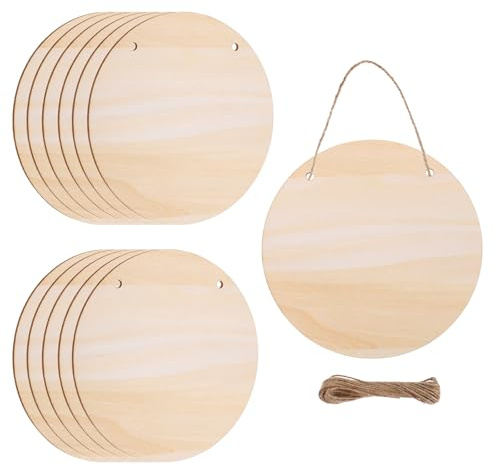 sourcing map Unfinished Hanging Wood Sign Blank with Ropes 6x6 Unfinished Wood Crafts Boards Wooden Plaques for Crafts DIY Painting Burning Carving Door Wall Decoration, Style 10, Pack of 12