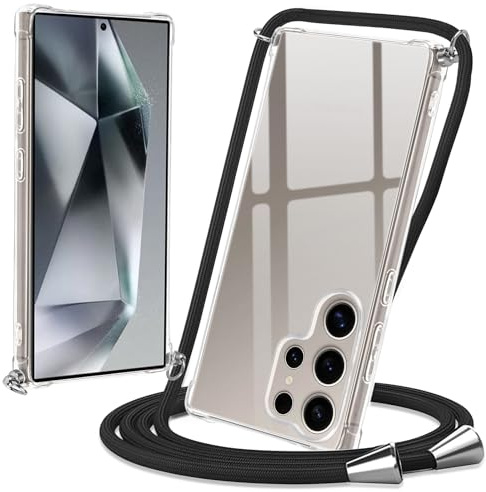 Micnkifo Handyband Hülle mit Band für Samsung Galaxy S24 Ultra, Necklace Handyhülle mit Kordel Schutzhülle für zum Umhängen, Transparent TPU Case Stoßfest Kratzfest Silikon Cover mit Kette, Schwarz