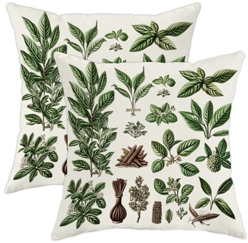Herbal Leaf Throw Pillow Covers Set of 2, Green Botanical Plant Decorative Cushion Cases, Nature Inspired Home Sofa Bed Couch Decor for Spring 24x24 Inch