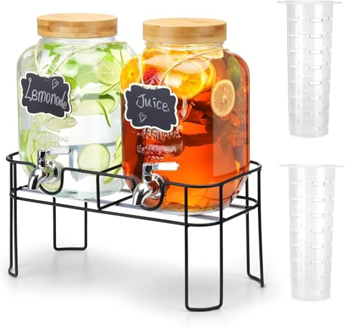 MallCreaty 2 x 4-Liter-Getränkespender mit Ständer, Glas-Getränkespender mit Zapfhahn aus massivem Edelstahl für Eistee, Wasser, hausgemachte Getränke, Partys, Hochzeiten