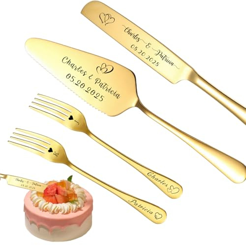 Personalisiertes Hochzeitstortenmesser - und -heber-Set Individuelles Tortenservierset Hochzeitstorten-Schneideset Personalisiertes Geschenk zum Jahrestag Geburtstag Weihnachten (Gold - mit Gabel)