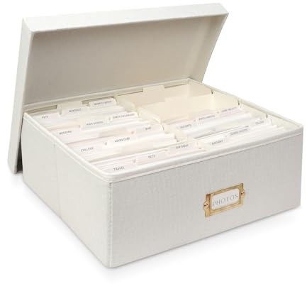 kroucoco Elegant Linen Decorative Photo Storage Box for 4x6 Photos,Photo Containers with Dividers,Photo Storage Organizer with Lid (White)