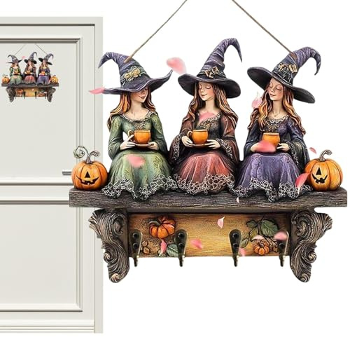 Mppchhn Porte-clés mural, Porte-Clé Sorcière Halloween avec 4 Crochets, Rack en bois design citrouille pour rangement manteau sac porte appartement dortoir décoration