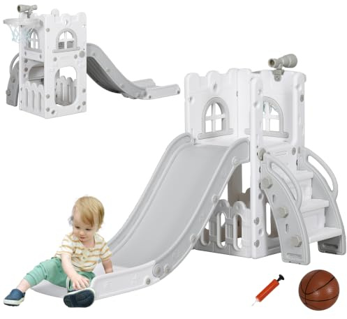 AIYAPLAY Kinderrutsche 5 in 1 für Kinder 1-3 Jahre Grau 70 x 177 x 92 cm | Kleinkinderrutsche mit Basketballkorb, Teleskop Klettergerüst, Aufbewahrungskorb, Rutsche mit Basketball, Indoor