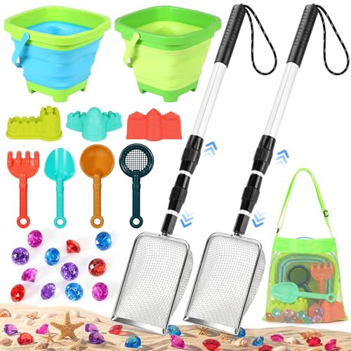 Beach Sand Toys Set with 2 PCS Adjustable Shark Tooth Sifter, Collapsible Beach Bucket,Sandbox Shovels,Sand Castle Kit,Diving Gem,Seashell Bags,Sand Sifter Shell Scooper Beach Essentials for kids 3-12