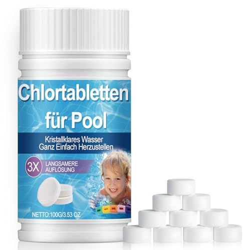 Mini Chlortabletten für Pool, 100 Stück Clortabellten Pool 5 in 1 Langzeit mit Desinfektion, Gegen Grünwasser und Trübungen, Stabilisiert Chlor- und Wasserwerte, für Whirlpool, Planschbeck usw. (100g)