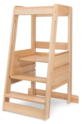 Ehrenkind® Lernturm mit Kleinkindstufe, höhenverstellbar 3-Fach, Montessori Küchenturm für Kinder ab ca. 1 Jahr, FSC®-zertifiziertes Buchenholz, Kitchen Helper, belastbar bis 40 kg, Klarlack
