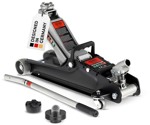 HEYNER® Kit de cric hydraulique de manœuvre 2,25 t – Extra-Plat (85–380 mm), 2 Roues pivotantes, Patins en Caoutchouc de Ø 45 mm, avec Support en Caoutchouc pour Audi, Facile à manœuvrer, en Acier