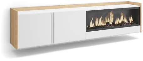 Skraut Home | Mueble TV | Muebles de salón, almacenaje | 212x50x35 cm | para televisión hasta 80 | Chimenea eléctrica XXL | Colgado, Suspendido | Estilo Moderno | Blanco y Roble Soft