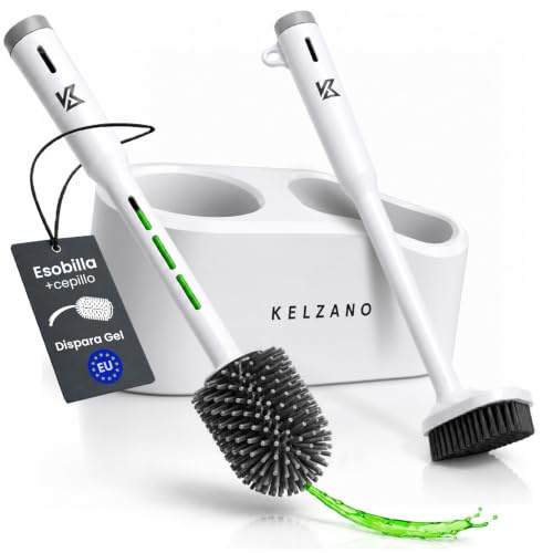 KELZANO Escobilla de Baño con Dispensador de Jabón y Cepillo Multiuso | Set 2 en 1: escobilla de silicona con dispensador y cepillo de cerdas duras, soporte adhesivo y secado rápido.