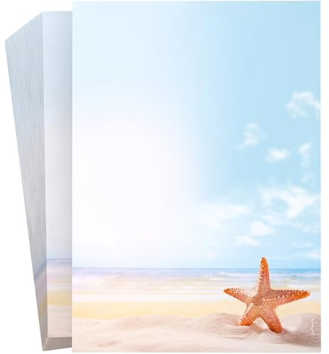 Briefpapier Seestern DIN A4 50 Blatt – Motivpapier mit Strand, Meer & Seestern – einseitig bedruckt – für private & geschäftliche Briefe