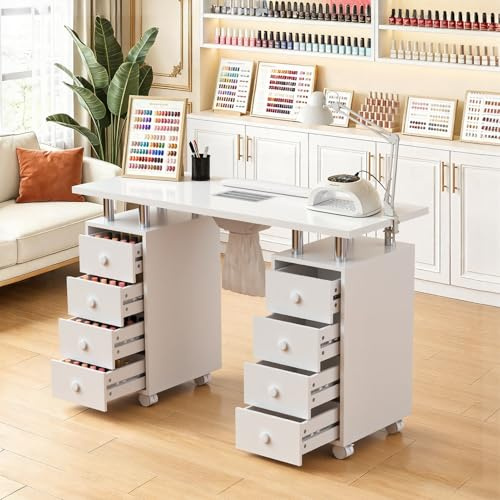 Warmiehomy Nail Desk, Professional Nail Table with 8 Drawers, Manicure Table Station Salon Workstation with Extra Armrest, White