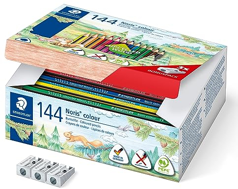 STAEDTLER Buntstifte Noris colour, ergonomisches Dreikantformat, rutschfeste Soft-Oberfläche, hohe Bruchfestigkeit, WOPEX Material, 144 Farbstifte in 12 Farben und 3 Spitzer, 187 C144