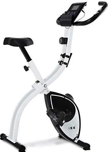 ISE X-Bike Fitnessbike für Zuhause Heimtrainer Fahrrad Klappbar X-Bike verstellbare Magnetron-Widerstandsstufen mit Handpulssensoren, Weiß, SY-810L