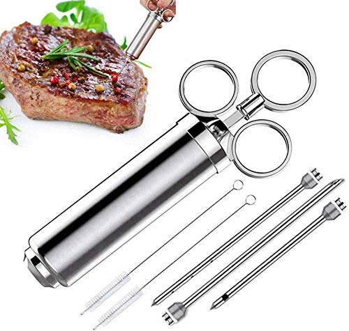 BBQ Syringe 60 Ml Made of 304 Stainless Steel Meat Syringe with 3 Needles, Marinade Syringe, Spice Syringe, Grill Cleaning Brush, Kitchen Gadgets for Meat, Chicken, Beef Pastries with Jam, Silver