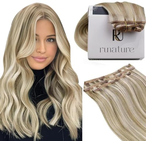 RUNATURE Clip in Extensions Echthaar Blond Hervorheben 35cm 3pcs 50g #8P60 | Echthaar Clip Extensions Highlight–hitzebeständig, unsichtbare Clips, verhedderfrei. Mehrdimensionales Volumen.