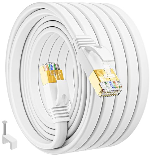 Cat 7 Lan Kabel 30 Meter, Flach Netzwerkkabel 30m Dünn High Speed Weiß Ethernetkabel Weiss RJ45 Internetkabel 10Gbps 600MHz Patchkabel Lankabelverlaengerung für Router Modem | Cat 7 Lange RJ45 10Gigabit FTP Internetkabel, 600MHz 10Gbps Anti-Jamming Netzwerkkabel, Weiß Ethernet-Kabel für Router Modem