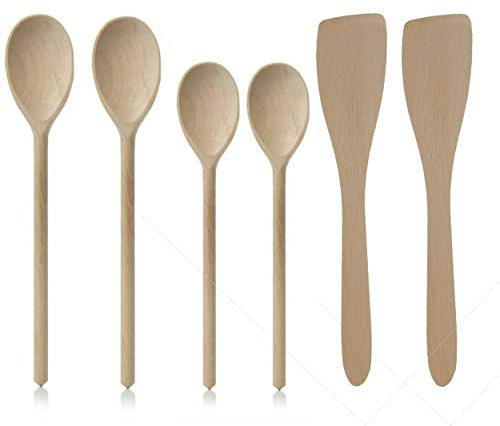 6 PC Set Wooden Spoons & SPATULAS 2 X 12 & 2 X 10 Spoons & 2 x 12 SPATULAS