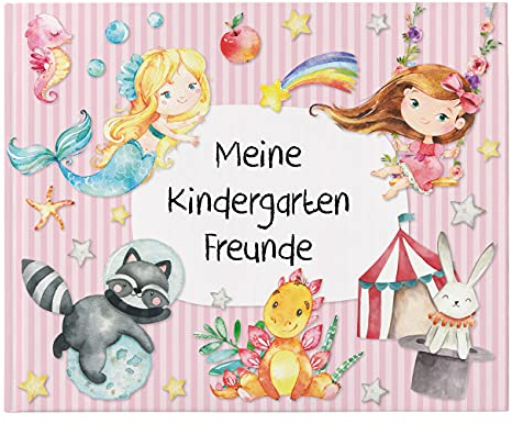Papierdrachen Hochwertiges Freundebuch für Kinder - Kindergartenfreunde - Rosa - Poesiealbum mit Meerjungfrau, Prinzessin & Dinos - für 27 Freunde - buntes kindgerechtes Design