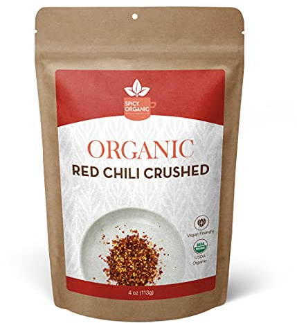 SPICY ORGANIC Crushed Red Pepper Flakes 4 oz. - Robust Chili Peppers Seasoning Spice - USDA Organic, Kosher, Non-GMO- Ideal for Pizza, Pastas, Salads, Sauces, Stews, Marinades and Pickled Vegetables