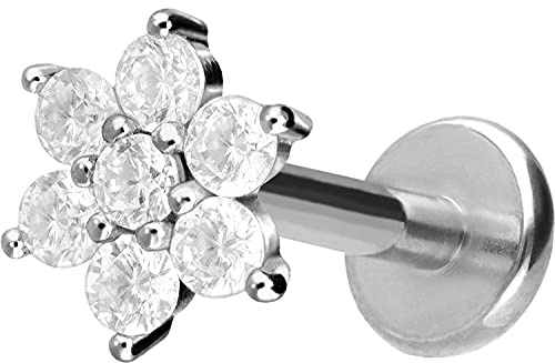 PIERCINGLINE Titan Labret mit Gewinde KRISTALLBLUME Piercing Lippe Nase Ohr Helix Silberfarben 1,2 x 10 mm