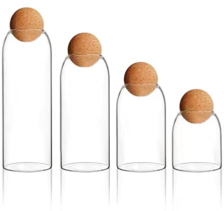 Eidoct 4 Stück Glasbehälter mit Holzdeckelkugel, verschiedene Größen, transparentes Glas, Lebensmittelaufbewahrungsbehälter, dekorativer Organizer, Flaschenbehälter (transparenter Stil)
