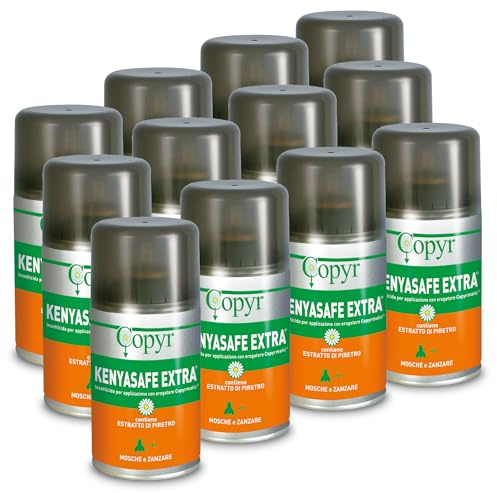 Copyr Kenyasafe Extra - Insetticida Antizanzare, Mosche e Insetti Volanti, 12 Bombole 250ml, Piretro Insetticida Biologico Repellente Zanzare Professionale Casa, Ho.Re.Ca., Settore Pubblico, Sanitario