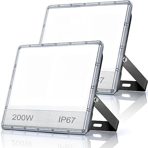 YIQIBRO LED Strahler Außen 200W, IP67 wasserdicht für Garten, 2 Stück | 6500K Kaltweiß LED Fluter Außen, 2-in-1 LED Scheinwerfer mit Trafo, 20000LM Außenbeleuchtung für Lager, Garage, Sportplatz