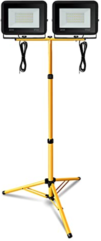 Eulenke Projecteur de Chantier LED Télescopique, 2x30W 2550LM Blanc Froid avec Trépied Télescopique Réglable, Étanche IP66 pour l'intérieur et l'extérieur Chantier (Câble 1M, Sans prise)
