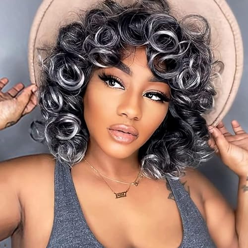 PORSMEER Peluca de pelo sintético natural para mujer negra,Peluca afrorizada suelta,Peluca corta rizada completa con flequillo,Color negro y gris