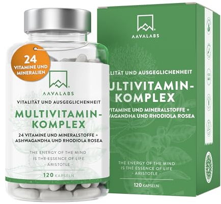 Multivitamin Kapseln 24 Vitamin Komplex hochdosiert & Mineralien + Ashwagandha Rhodiola Rosea - Vitamine A-Z hochdosiert Mineralstoffe Komplex inkl Vit A, D3 K2, B12, C Zink Magnesium - 120 Kapseln