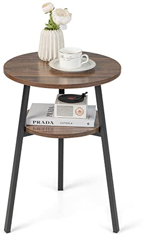 COSTWAY 2 Ebenen Beistelltisch rund, Nachttisch mit Metallrahmen, Sofatisch für Schlafzimmer, Wohnzimmer & Arbeitszimmer, 39 x 39 x 55 cm (Vintage)