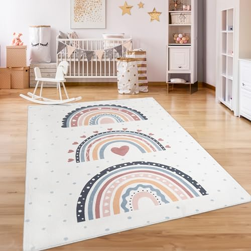 Paco Home Teppich Kinderzimmer Kinderteppich Spielteppich Kurzflor rutschfest Krone Herzen Punkte Sonne Regenbogen Buchstaben, Grösse:160x220 cm, Farbe:Bunt 2