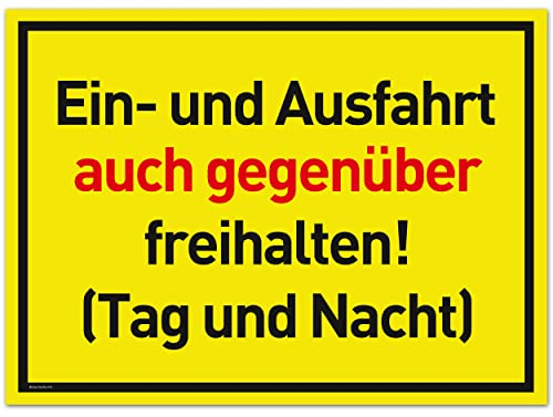 XXL Einhart Freihalten Schild (44x32 cm Kunststoff) - Ausfahrt freihalten Schild - Nie Wieder zugeparkt - Auch Gegenüber - (Gelb) - Tag und Nacht freihalten