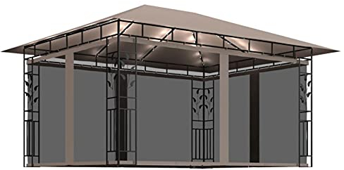 GuyAna Pavillon mit Moskitonetz & LED-Lichterkette Zelt FüR Garten Sonnensegel Pavillon Partyzelt Garten Pavillon 4x3x2,73 m Taupe