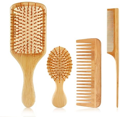 XFLYP Trähårkam, vidkammad träkam lämplig för alla hårtyper, hållbar träkam av massivt trä, antistatisk naturlig bambu kam för kvinnor, män(4PCS)