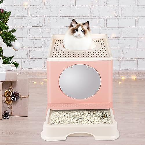 Katzenklo, Katzentoilette mit Deckel, Katzenklo inklusive Schaufel, ausziehbares Tablett, 2 Öffnungen, auslaufsicherer Boden. (E-Rosa)