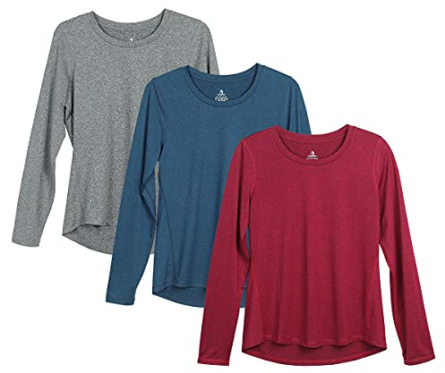 icyzone Damen Sport Shirt Langarm 3er Pack Atmungsaktive Laufshirt Funktionsshirt für Gym Fitness