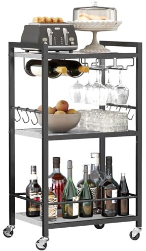 TUTOTAK Barwagen, Home Bar Servierwagen, Mikrowellenwagen, Getränkewagen, mobiles Küchenregal mit Weinregal und Glashalter, Rollender Getränkewagen für Wohnzimmer, Küche BC01BM032