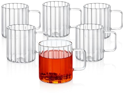 Wilmax - Thermogläser mit Henkel - 6er Set - 400ml - Gläser aus geriffeltem Glas für Wasser, Tee, Kaffee - Teegläser & Kaffeegläser - Becher für Heiß- und Kaltgetränke - Spülmaschinenfest