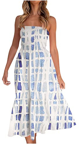 Women's Strapless Sheering Boob Tube Gather Oversized Plus Size Elasticated Bust Bandeau Floral Printing Beach Summer Sleeveless Top Midi Dress for Ladies UK Clearance Light Blue