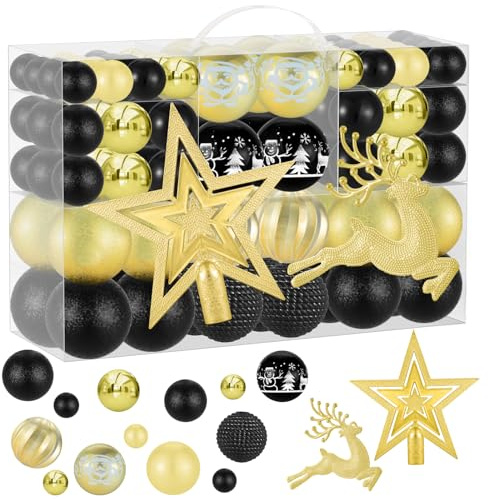 102 Stück Weihnachtskugeln Schwarz Gold - Christbaumkugeln Plastik, Kunststoff, Weihnachtsbaumschmuck, Christbaumschmuck, Ceihnachtsbaumkugeln, Christmas Decorations Set