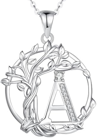 FANCIME Lebensbaum Buchstaben Kette Damen, 925 Sterling Silber A-Z Alphabet Initialen Anhänger Halskette Schmuck Geschenke für Damen Frauen Mädchen, Kettenlänge: 40+5 cm