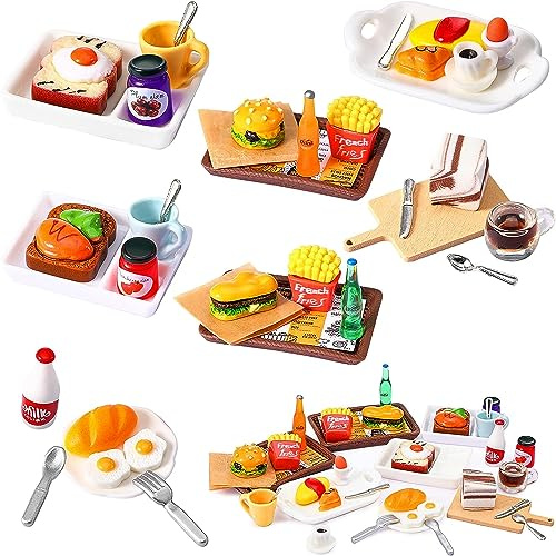 Accessori Casa delle Bambole in Miniatura, 1:12 Accessori da Cucina in Miniatura, Alimenti in Miniatura, Cibo Giocattolo per Bambini con Miniatura Fries Hamburger Latte Caffè Uova, Set Mini Cibo