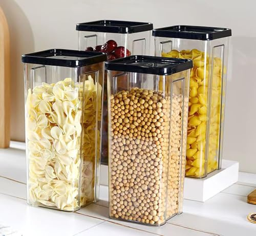 Hylruu Storage Containers Set of 4,1300ml Plastic Airtight Food Storage Containers with Lids, Storage Jars for Storing Pasta, Rice, Rlour, Dog, Cat, Cereal Dispenser Kitchen Organiser Black