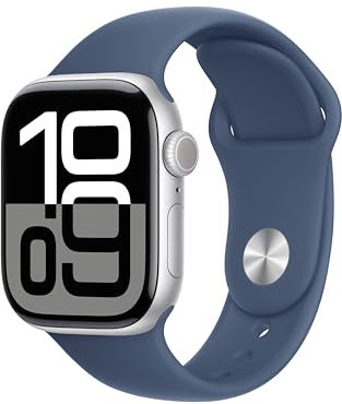 Apple Watch Series 10 GPS Smartwatch con Caja de Aluminio Plata de 42 mm y Correa Deportiva Azul Denim - Talla M/L. Monitor de entreno, App ECG, Pantalla Retina Siempre Activa