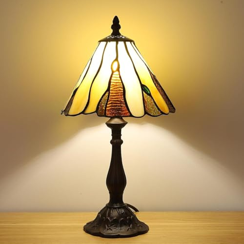 FUMAT Tiffany Tischlampe, Vintage Glaslampenschirm, Dekorative Nachttischleuchte, Antik Bronze Tischleuchte mit E14 Fassung