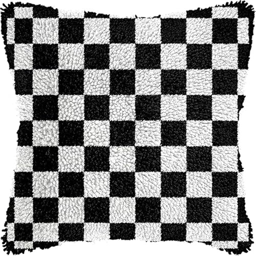 WallustrioaW Knüpfkissen Set,Schwarze und weiße Quadrate,Knüpfkissen Set für Anfänger Erwachsene oder Kinder zum Selber Knüpfen,DIY Knüpfteppich Knüpfpackung,43x43cm